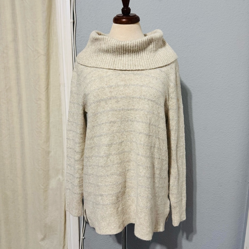 Style & Co. Women Off White / Silver Cowl‎ Neck Long Stretchy Sweater Size L